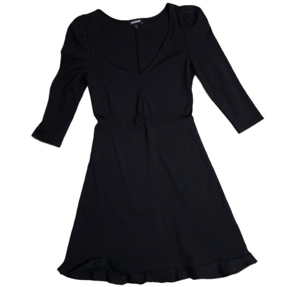 Express Fit & Flare Black V-Neck 3/4 Puff Sleeve w/Ruffle Hem Dress Size XS - Picture 6 of 6